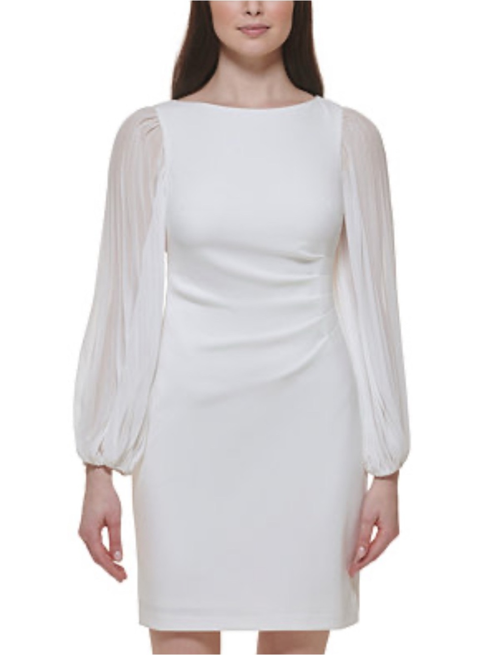 Jessica Howard White Pleated Long-Sleeve Sheer-Sleeve Dress